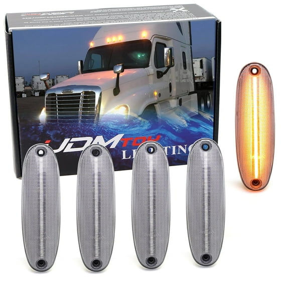 5pc-Set Semi-Clear Lens Amber Full LED Strip Teardrop Cab Roof Clearance Marker Light Assemblies For 2008-2014 Freightliner Cascadia, 11-16 Argosy Semi-Truck