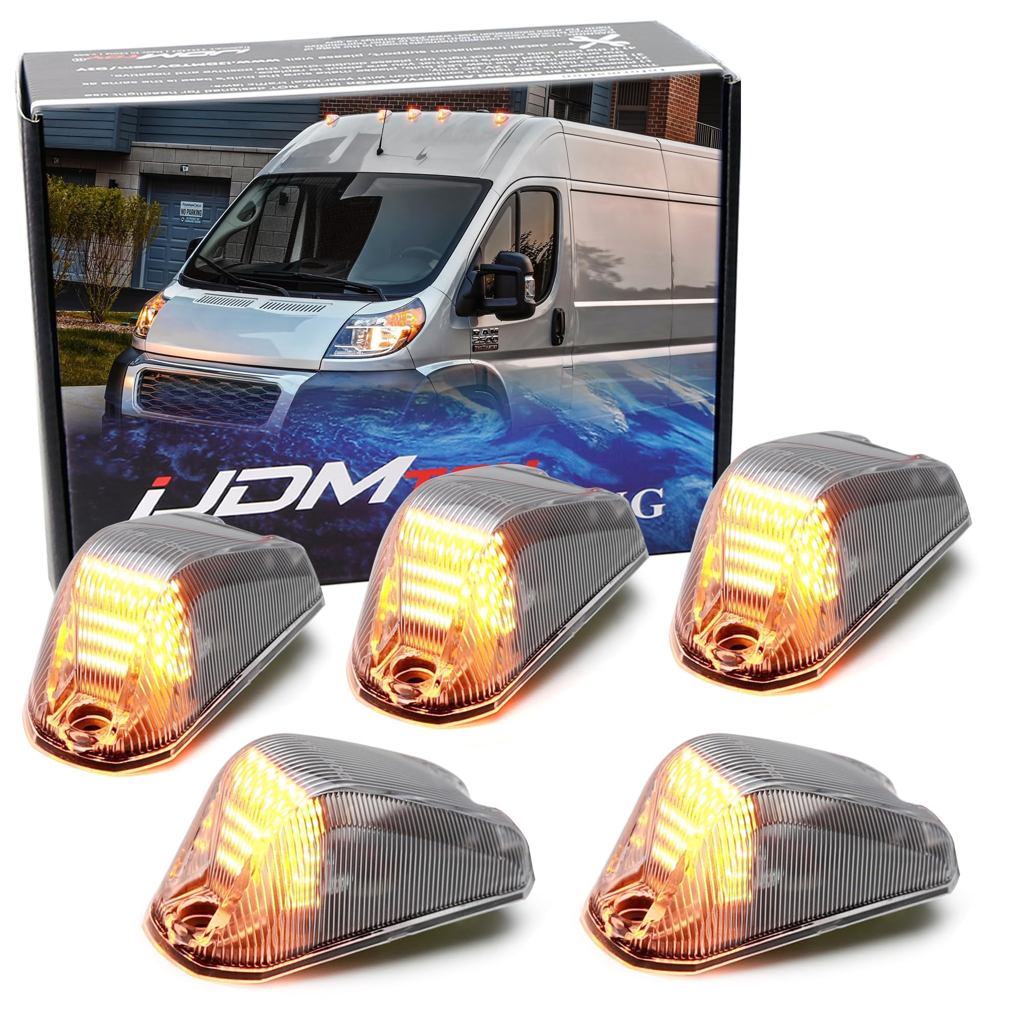 5pc Set Semi-Clear Lens Amber Yellow Full LED Front Cab Roof Clearance ...