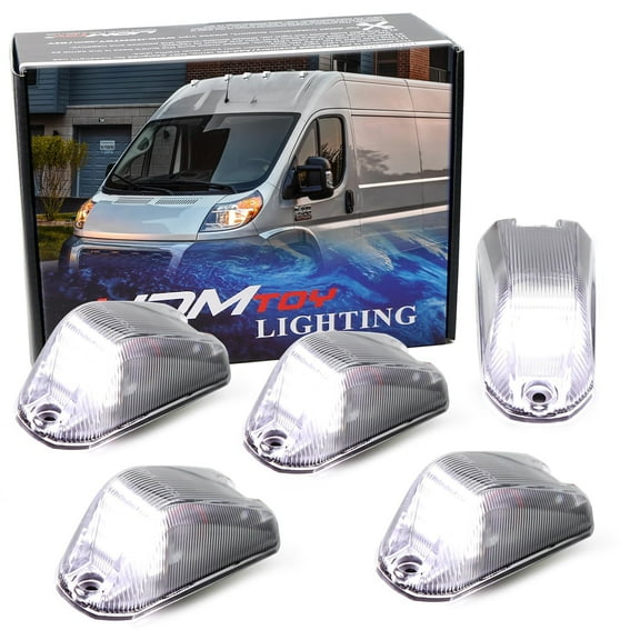 5pc Set Semi-Clear Lens Xenon White Full LED Front Cab Roof Clearance Marker Lamps For 2014-2023 Dodge RAM ProMaster 1500 2500 3500 Cargo RV Van