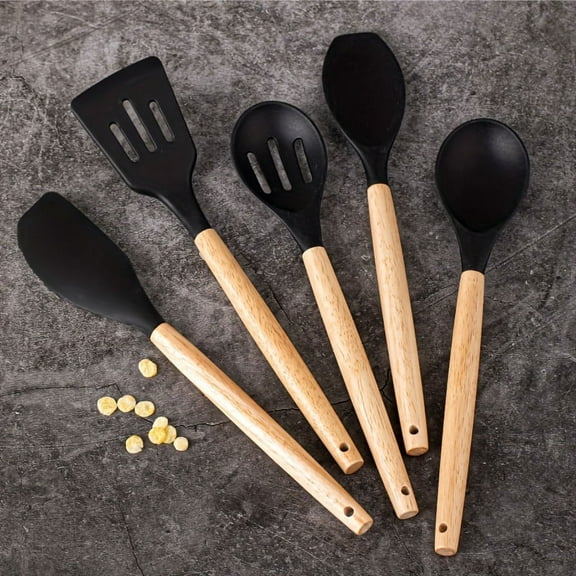5pc Silicone Utensil Set, Kitchen Utensil Set, Safety Cooking Utensils Set, Non-Stick Cooking Utensils Set With Wooden Handle, Washable Modern Cookware, Kitchen Stuff, Kitchen Gadgets