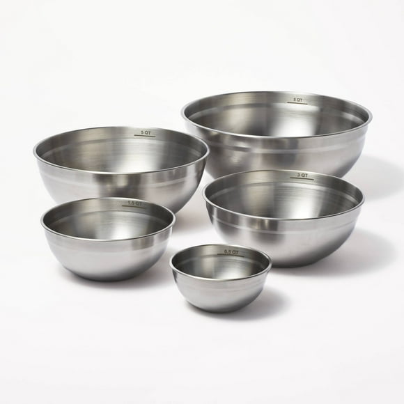 5pc Stainless Steel Non-Slip Mixing Bowls (no lids) Silver: Nesting Kitchen Set, Dishwasher-Safe, 0.5-8 qt.