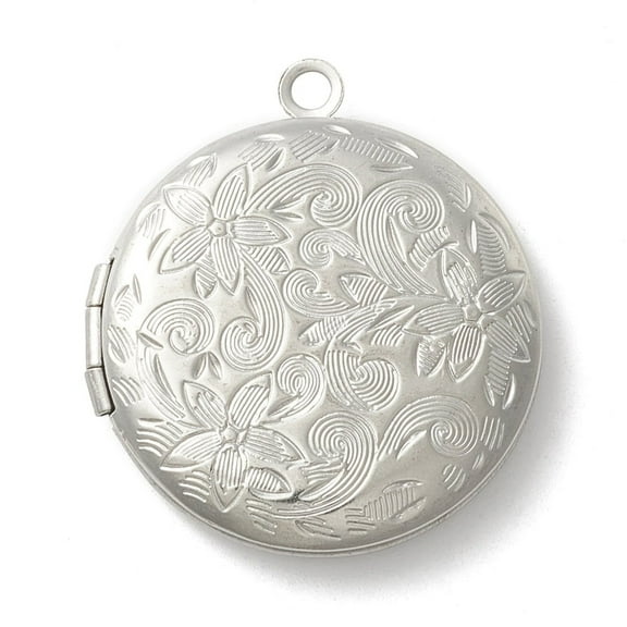 5pc Resistant 304 Stainless Steel Diffuser Locket Pendants for Necklaces Flat Round with Flower Pattern Stainless Steel Color 31x27.5x5.8mm Hole: 2.3mm