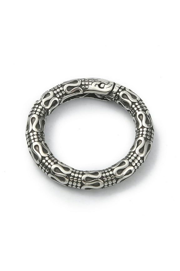 5pc Tibetan Style 316 Surgical Stainless Steel Spring Gate Rings Textured Snake Round Ring Antique Silver 19.3x3.3mm Antique Silver