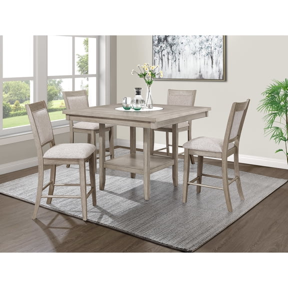 5pc Transitional Dining With Square Wooden Table And Beige Gray Chairs Contemporary Style , 20-inch Marble Lazy Table, Tan/beige Upholstered Chair, Solid Wood