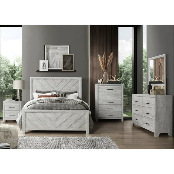 5pc Twin Bedroom In Serene Gray - Contemporary Style With Bed, Nightstand, Dresser, Chest And Mirror Enticing Tone 2 6 5 &