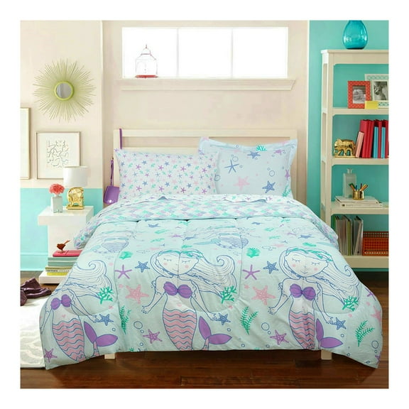 5pc Twin Mystical Mermaid Kids' Bed in a Bag Blue: Girls Twin Bedding Set, Microfiber, Fade-Resistant