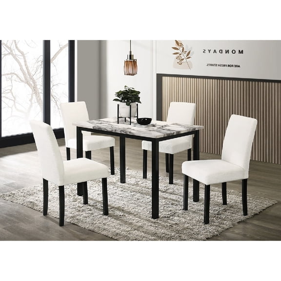 5pc White Dining Set for Dining Room | Designed for Family Gatherings | Wood Table and Upholstered Seats | Comfortable Solid Back Design