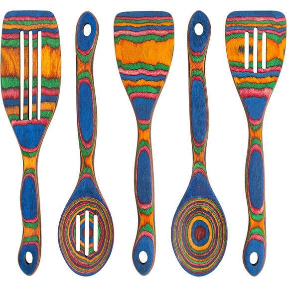 5pc Wood Cooking Utensils Set - Wooden Spoons for Cooking Pakka Wood Utensils for Cooking and Serving Comfortable Grip and Non Stick (Blue Rainbow)