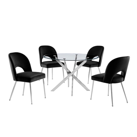 5pc dining Set, Round tempered glass dining table with 4 Black velvet chairs