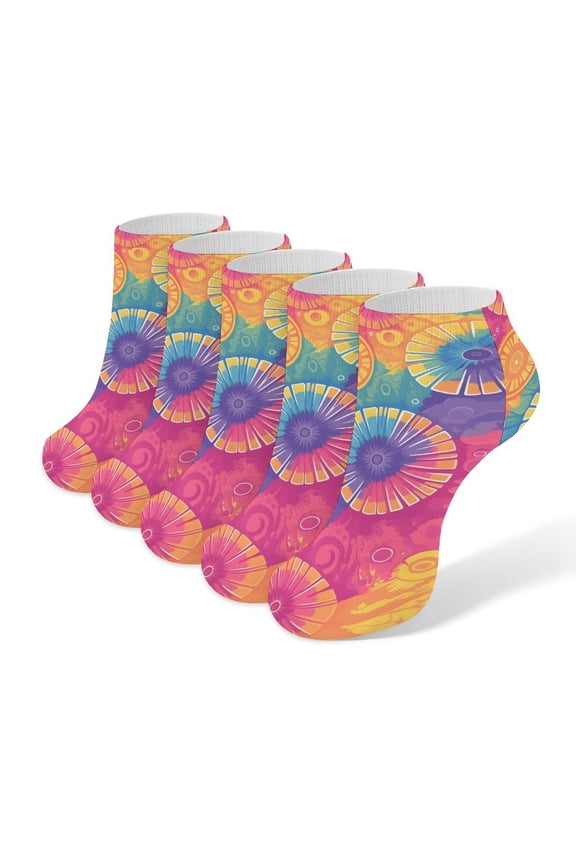 5pce Socks 3.77.9in Socks Mouth Is Not Tight Legs Not Easy To Slide Off Sweat Absorption Sweat Breathable Light Wear Resistance DarkOrchid Tie Dye Background Rainbow Colors Tie-dye Pattern