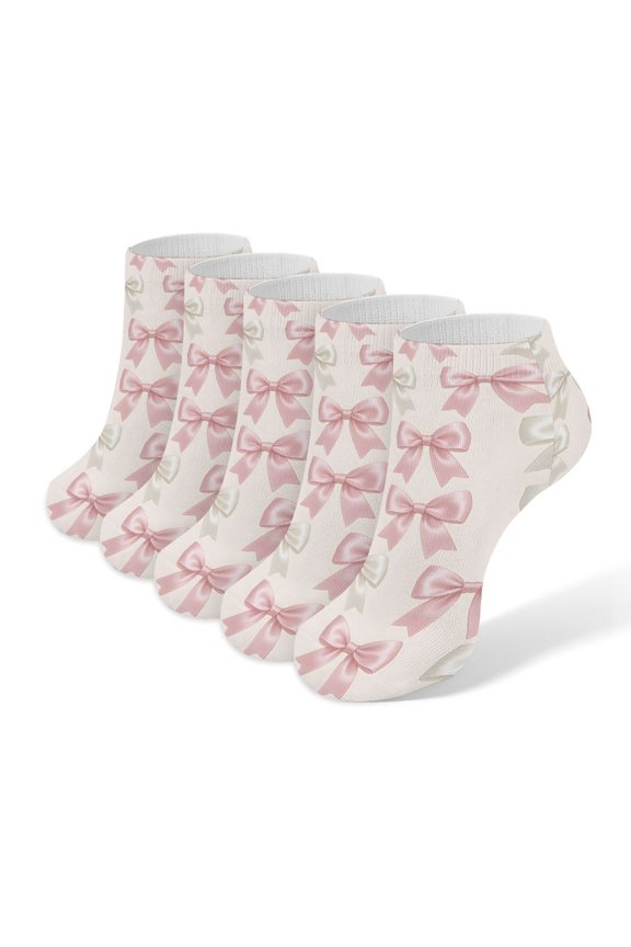 5pce Socks 3.77.9in Socks Mouth Is Not Tight Legs Not Easy To Slide Off Sweat Absorption Sweat Breathable Light Wear Resistance Elegant Pastel Satin Ribbon Bow Pattern