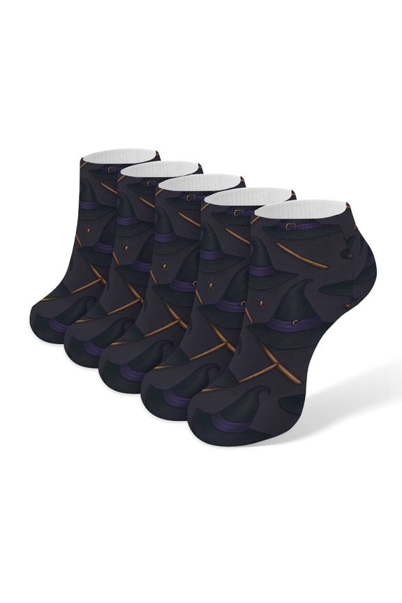 5pce Socks 3.77.9in Socks Mouth Is Not Tight Legs Not Easy To Slide Off Sweat Absorption Sweat Breathable Light Wear Resistance Witch Hat And Broomstick Halloween Pattern