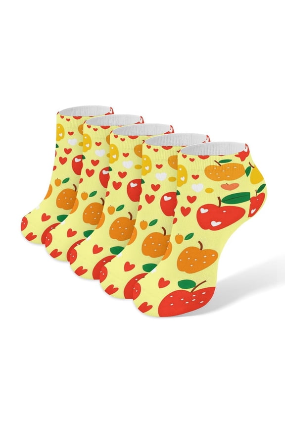 5pce Socks 3.77.9in Socks Mouth Is Not Tight Legs Not Easy To Slide Off Sweat Absorption Sweat Breathable Light Wear Resistance Yellow And Red Apples