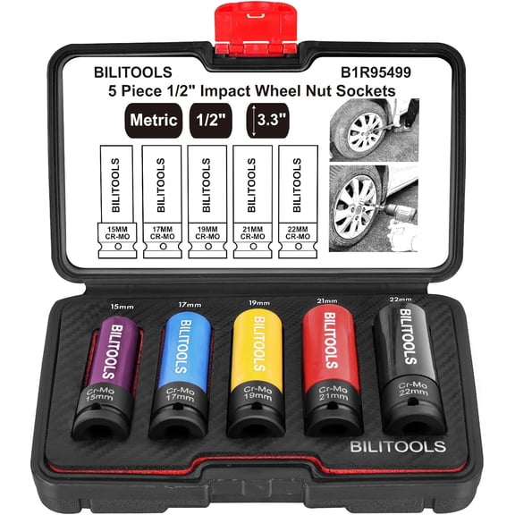 5pcs 1/2 Drive Impact Lug Nut Socket Set, 15/17/19/21/22mm | Non-Marring Socket Set, CR-MO Steel, 6-Point Flank Drive, Color-Coded Sleeves, Scratch-Proof, fits Impact Wrenches