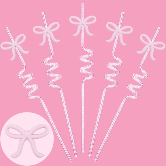 5pcs 10" Reusable Bow Glitter Straw Set, Pretty Bachelorette Decorations, Bow Theme Birthday Party, Bridal Engagement Drinkware, Coquette Cute Supplies, Baby Shower Tableware, Tea Decor