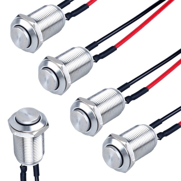 5pcs 12mm Latching Push Button Switch Raised Head ON-Off Normally Open with Pre-soldered Cable Aluminium Alloy Shell 12V 24V 36V 110V Waterproof IP66 Without LED (Black)