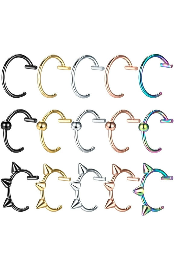 5pcs/15pcs 10mm Punk Stainless Steel Fake Lip Rings C-Clip Lip Rings Helix Rook Tragus Faux Septum Body Piercing Jewelry