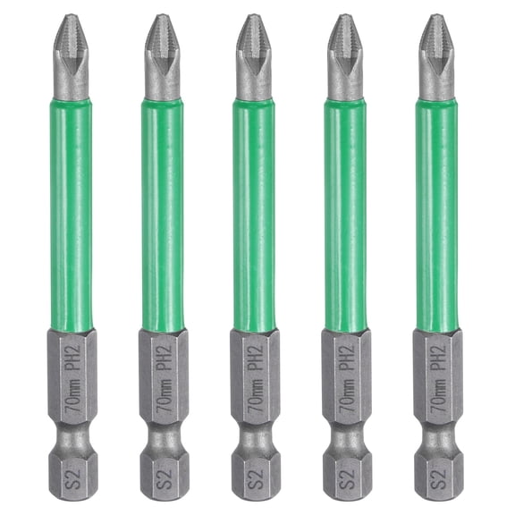 5pcs #2 Anti Slip Phillips Impact Screwdriver Bit PH2 1/4" Hex Shank 2.8" (70mm) Magnetic Cross Head Drill Bits Sandblasted S2 Steel Screw Driver Power Electric Tools, Gray/Green