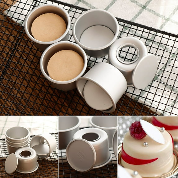 5pcs 2 Inch Anodized Aluminum Round Cupcake Pan Chiffon Cake Pudding Mold Baking Mould with Removable Bottom Baking Tools