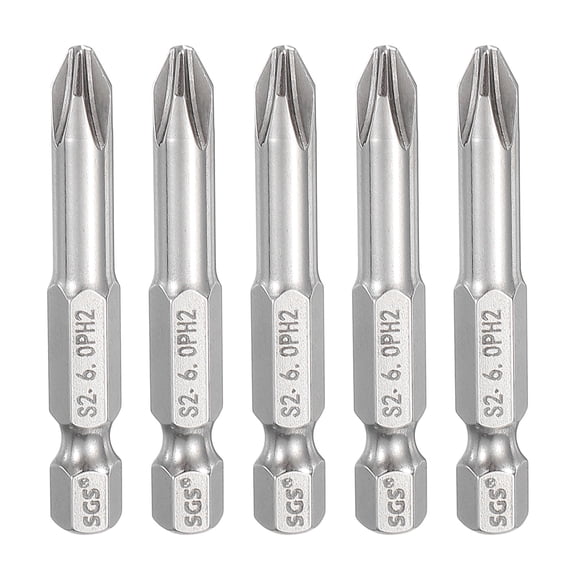 5pcs #2 Phillips Screwdriver Bit PH2 1/4" Hex Shank 2" (50mm) Long 0.24" Rod Magnetic Cross Head Drill Bits S2 Steel Industrial Screw Driver for Power Screwdrivers Drills, Silver