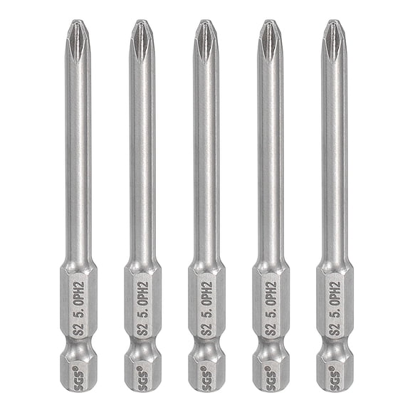 5pcs #2 Phillips Screwdriver Bit PH2 1/4" Hex Shank 3" (75mm) Long 0.2" Rod Magnetic Cross Head Drill Bits S2 Steel Industrial Screw Driver for Power Screwdrivers Drills, Silver