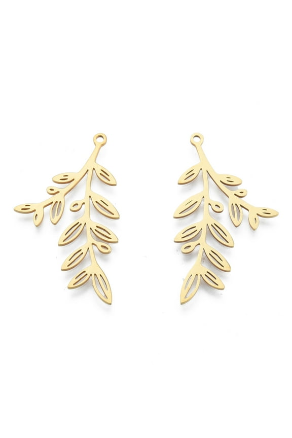 5pcs 201 Stainless Steel Pendants Leafy Branch Charms Leaf Real 18K golden Plated 37.5x21x1mm Hole: 1.5mm