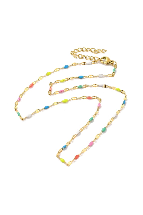 5pcs 304 Stainless Steel Dapped Chains Necklaces Colorful Enamel Oval Link Chain Necklace Golden 15-7/8 inch(40.4cm)