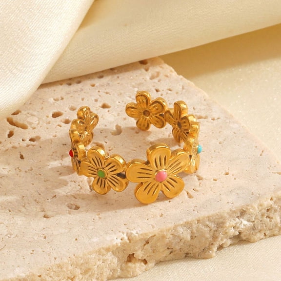 5pcs 304 Stainless Steel Enamel Open Cuff Rings Flower Real 18K golden Plated 10mm Adjustable