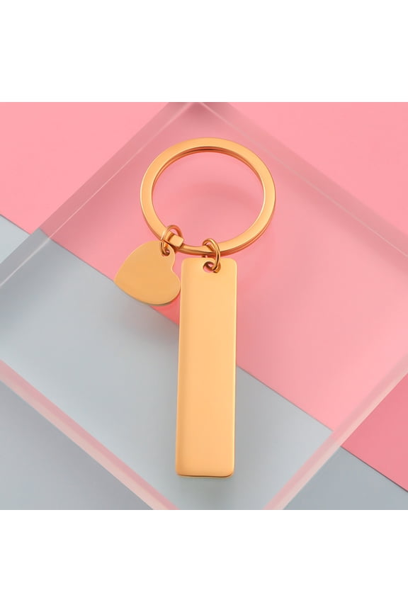 5pcs 304 Stainless Steel Keychain with Key Rings Rectangle with Heart Golden 80mm