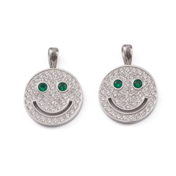 5pcs 304 Stainless Steel Pendants with Glass Rhinestone Flat Round with Smiling Face Pattern Charm Stainless Steel color 23.5x17x2.7mm Hole: 3x2.5mm