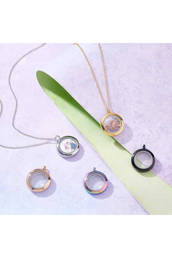 5pcs 5 Colors Memory Locket Charms Glass Photo Charms Round Floating Lockets Charms Mixed Color Stainless Steel Pendants Picture Frame Bouquet Charms for Photo or Decoration Jewelry Making