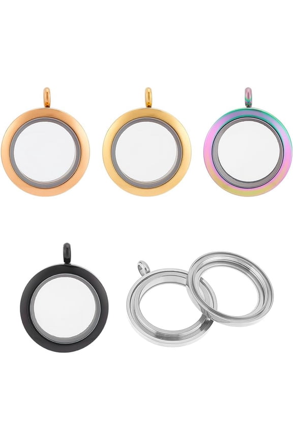 5pcs 5 Colors Memory Locket Charms Glass Photo Charms Round Floating Lockets Charms Mixed Color Stainless Steel Pendants Picture Frame Bouquet Charms for Photo or Decoration Jewelry Making for DIY