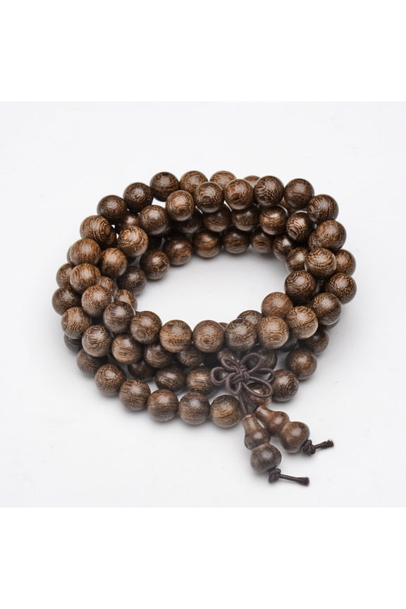 5pcs 5-Loop Wrap style Jewelry Sandalwood Mala Bead Bracelets/Necklaces Round Camel 31-1/4 inch(88cm)
