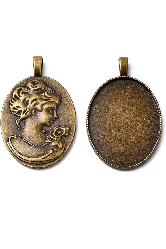 5pcs 5 Pcs Alloy Pendant Cabochon Settings Tibetan Style Pendant Cabochon Settings Oval with Woman Portrait on the Reverse Side for Jewelry Making Tray: 40x29mm 51x32x6mm Hole: 6x3mm