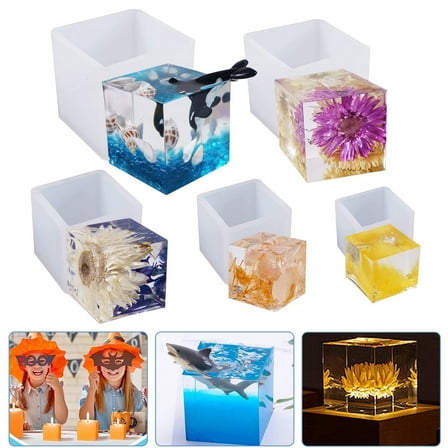 5pcs 5 Sizes Square Resin Molds, DISEN Cube Silicone Molds, Transparent Square Cube Silicone Mould, Clear Resin Epoxy Casting Molds for DIY Crafts Resin Candle Soap Making Home Decor