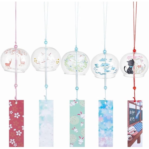 5pcs 5 Styles Japanese Wind Chimes Animal Theme Handcrafted Glass Wind Bells Glass Wind Bells Creative Hanging Pendants