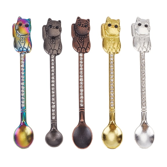 5pcs 5 colors Cat Shape Alloy Rhinestone Spoon Mixed color 79.5x11.5x4.5mm 1pc/color