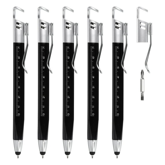 5pcs 5 in 1 Multitool Tech Tool Pen Gifts for Men with Ballpoint Pen, Ruler, Stylus, Level Gauge, Foldable, Black