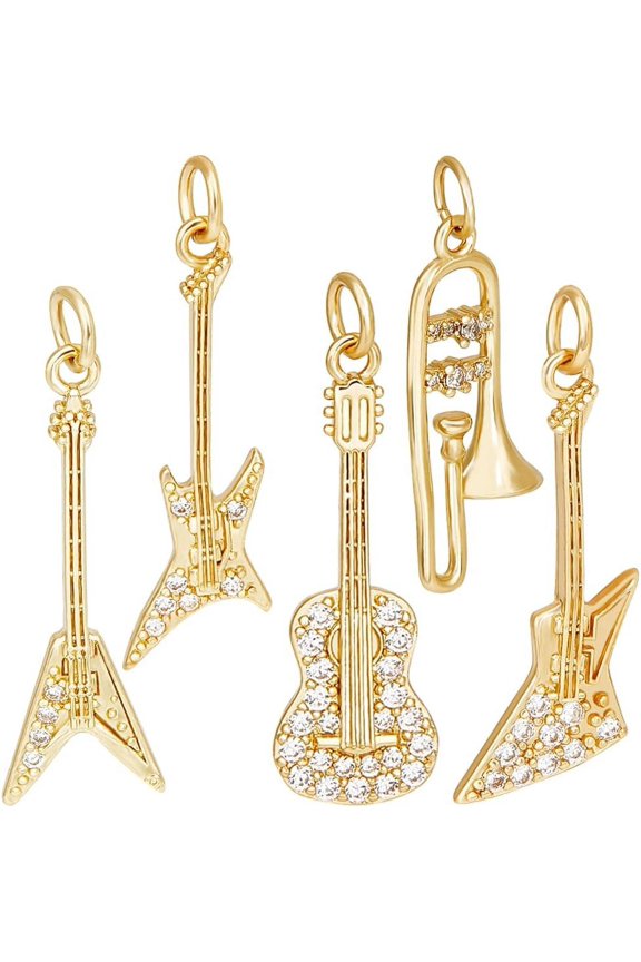 5pcs 5 style Rack Plating Brass Micro Pave Clear Cubic Zirconia Musical Instrument Pendants with Jump Ring Guitar & Trumpet Charm Real 18K Gold Plated 13.5~27.5x6~10x2mm Hole: 2.5~3mm 1pc/style