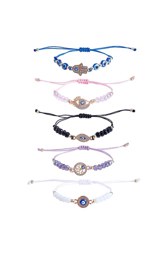 5pcs 5 style Rhinestone Evil Eye Link Bracelets set with Glass & Resin Beaded Adjustable Bracelets for Women Mixed color Inner Diameter: 1~3-3/4 inch(2.5~9.5cm) 1pc/style