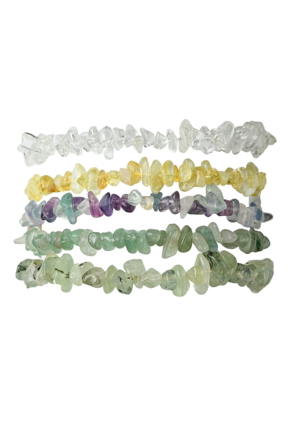 5pcs 5 styles Natural Green Aventurine Quartz Prehnite Citrine Fluorite Chips Beaded Stretch Bracelet sets Stackable Bracelets Inner Diameter: 2 inch(5.1cm) 1pc/style