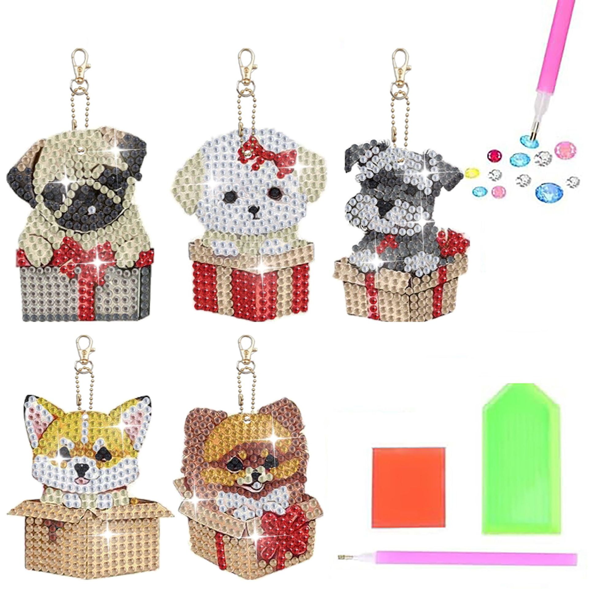 5pcs 5D dog diamond painting keychain kit, double-sided diamond art keychain, DIY handmade crafts, DIY for children and adult beginners, keys, mobile phones, backpack accessories
