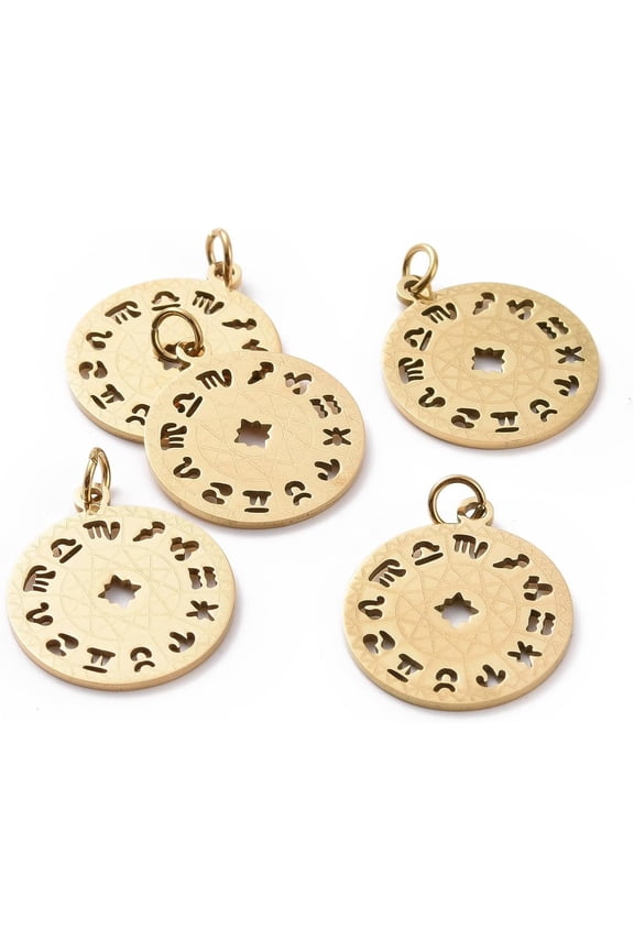 5pcs 5Pcs 201 Stainless Steel Pendants Flat Round with Constellation Golden for Women Birthday Festival Elegant Gifts Personalized Jewelry 22x18.5x1mm Hole: 3mm Gold