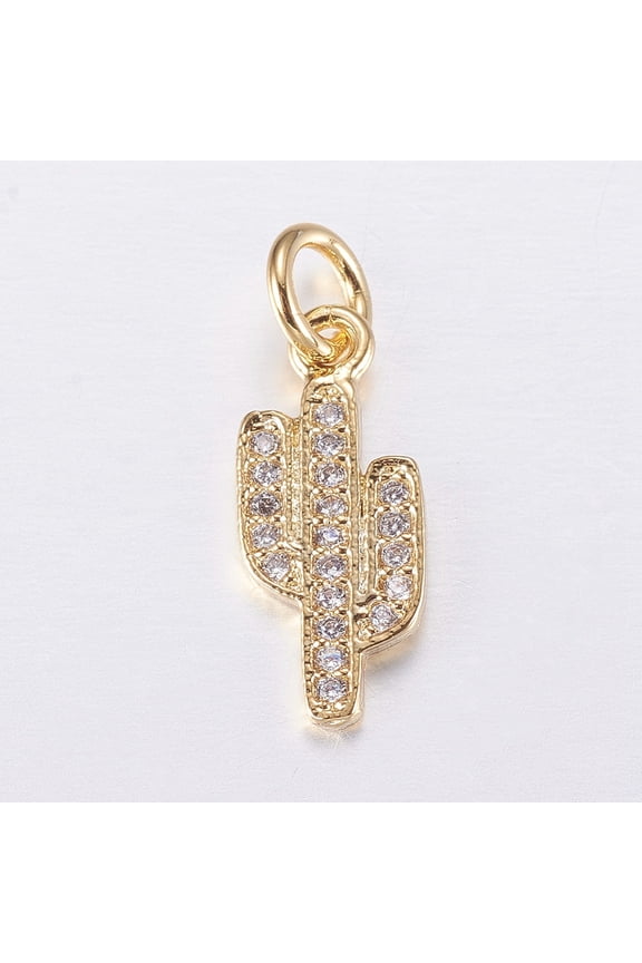 5pcs 5pcs Brass Micro Pave Cubic Zirconia Charms Cactus Golden 15x6.5x1mm Hole: 3mm
