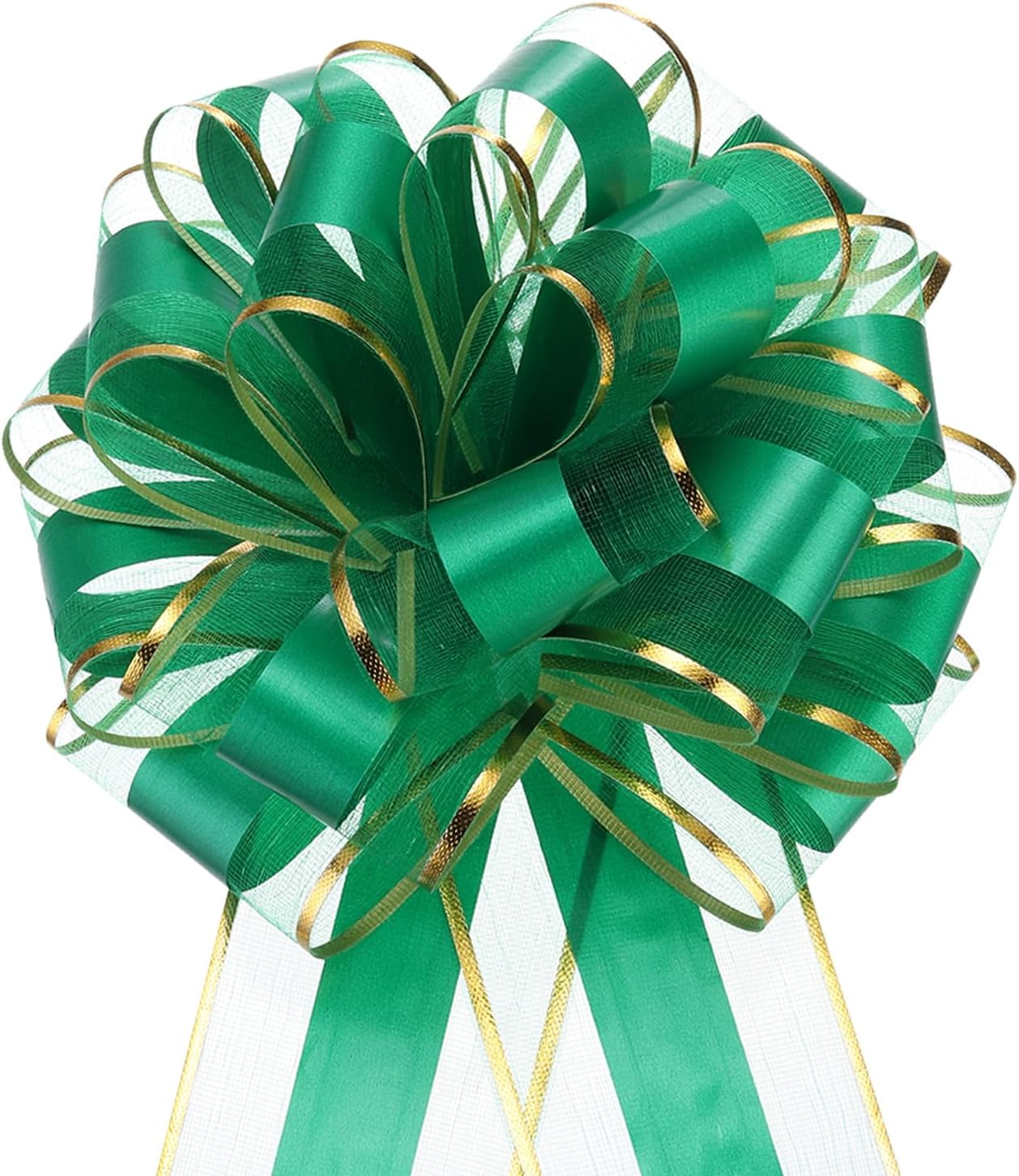 5pcs 6 Inch Large Big Pull Bow with Gold Edge, Organza Car Gift Wrapping Bows Ribbon for Wedding Baskets Presents Christmas Bow, Green
