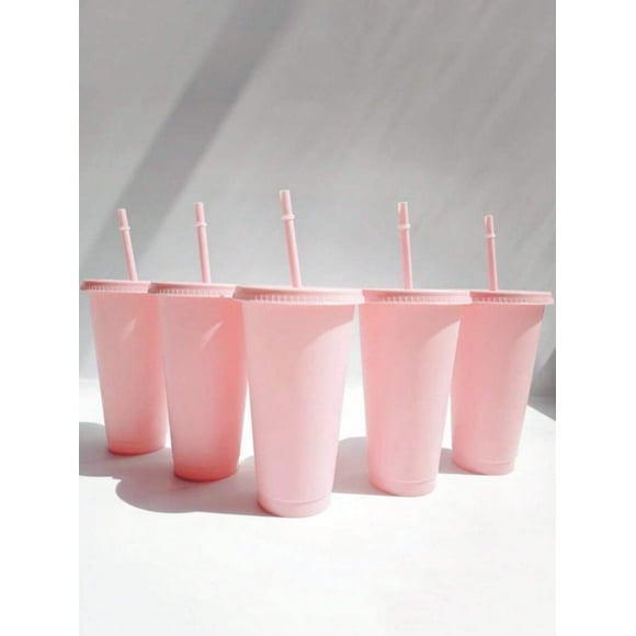 5pcs 710ml/24oz Reusable Plastic Water Bottles With Straws, Large Capacity Cups For Coffee, Tea, Smoothies, Beverages, Suitable For Home, Party, Holiday, Birthday, Wedding, Valentine's Day, Pink