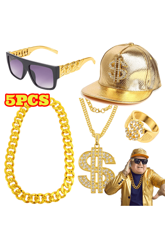 5pcs 80s 90s Hip Hop Costumes Outfit for Men, Gold Chain Money Chain Dollar Sign Baseball Hat Ring Punk Sunglasses, Rapper Accessories