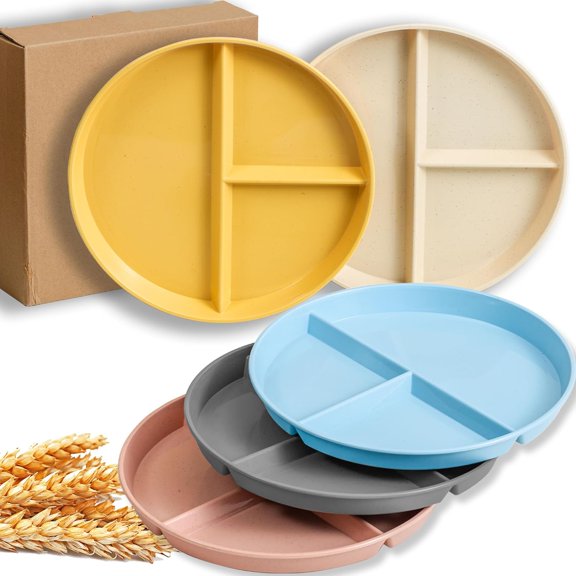 5pcs 9-Inch Wheat Portion Control Plate, Unbreakable Plastic Adult Portioning Plate, Dishwasher Safe/Reusable, 3 Sections Of Round Kids Separate Plates For Healthy Eating And Weight Loss