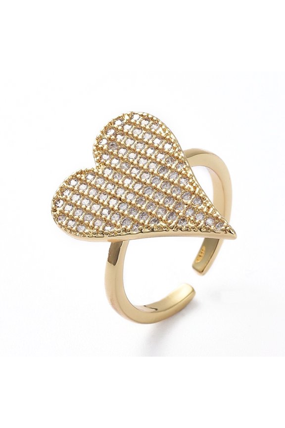 5pcs Adjustable Brass Cuff Finger Rings with Micro Pave Cubic Zirconia Heart Clear Golden US Size 6(16.5mm)