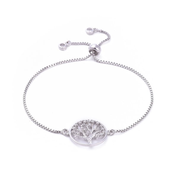 5pcs Adjustable Brass Slider Bracelets Bolo Bracelets with Brass Micro Pave Cubic Zirconia Links Flat Round with Tree Clear Platinum 11-1/4 inch(28.5cm)